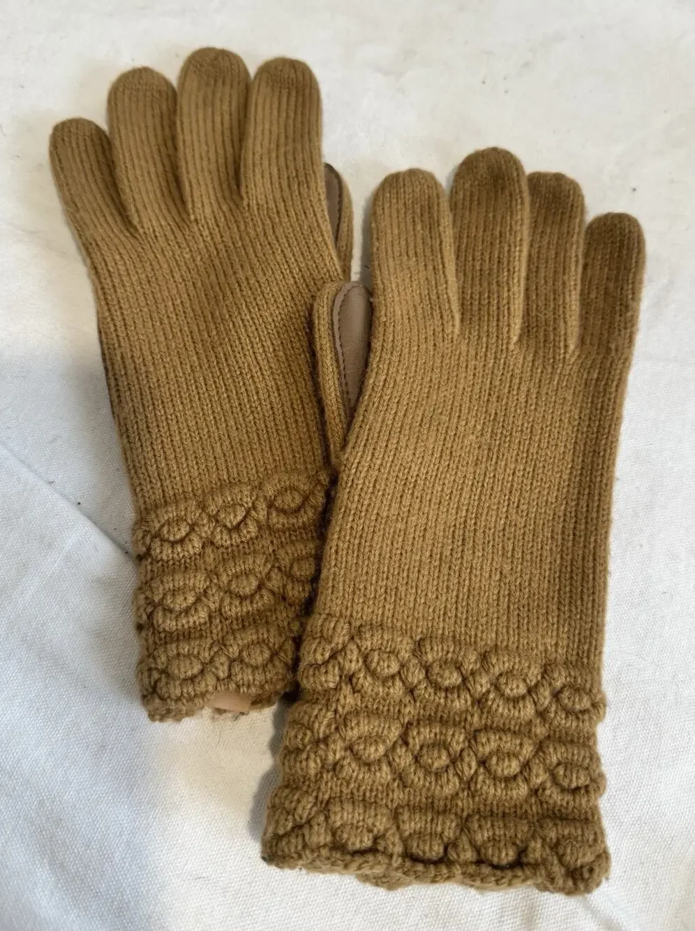 Aris VTG Tan Brown Cable Knit Genuine Leather Palms Gloves Womens One Size